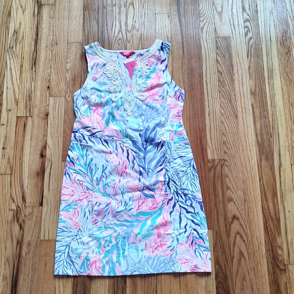 Lilly Pulitzer Harper Shift Dress Crew Blue Tint Kaleidoscope Coral Pink White S - Picture 9 of 16